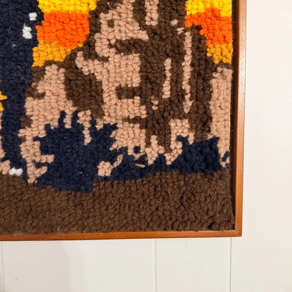 Vintage Latch Hook Wall Hanging Desert Horse Sunset Cactus Framed Yarn Art 24x19